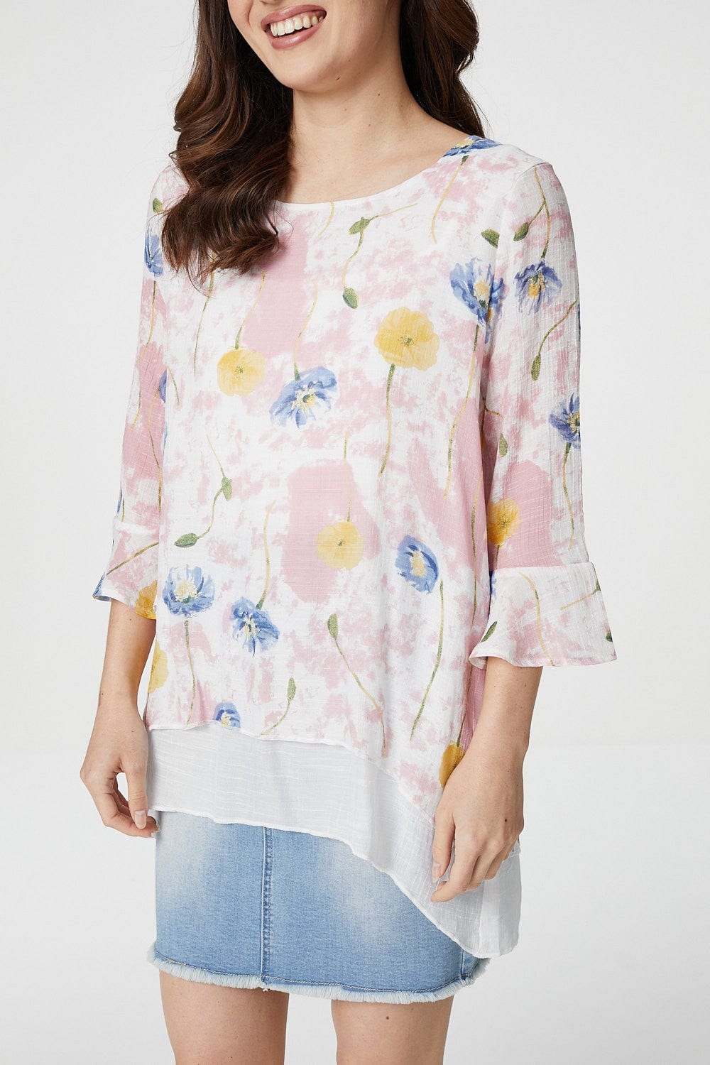 Pink | Floral Layered Hem Top
