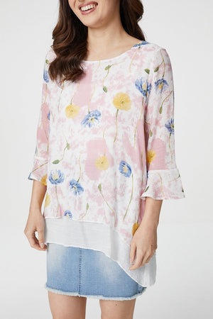 Pink | Floral Layered Hem Top