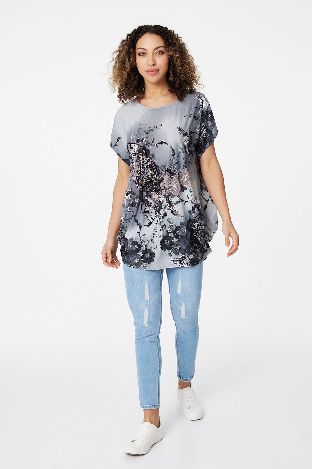 Grey | Butterfly Print Oversized T-Shirt