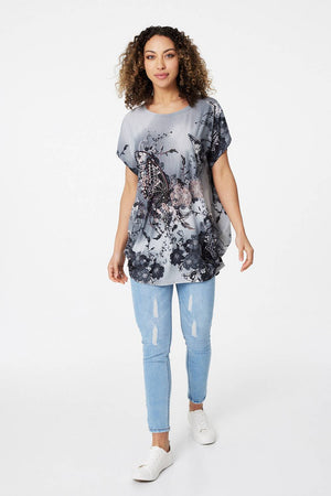 Grey | Butterfly Print Oversized T-Shirt