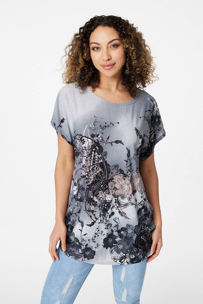 Grey | Butterfly Print Oversized T-Shirt