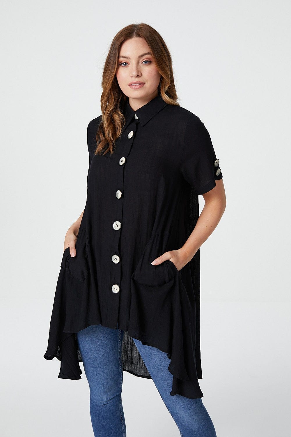 Black | High Low Button Front Shirt