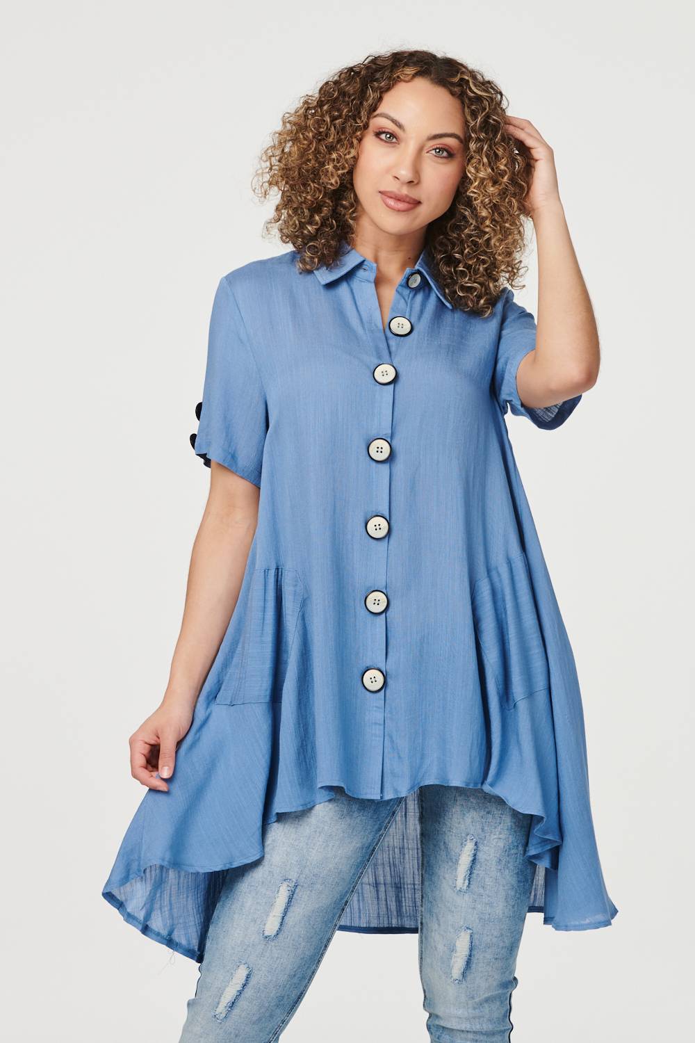 Blue | High Low Button Front Shirt