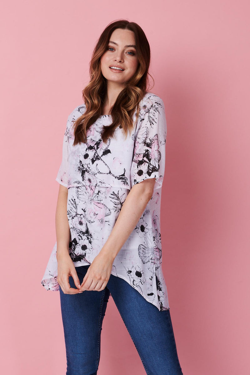 Pink | Floral Short Sleeve Layered Top