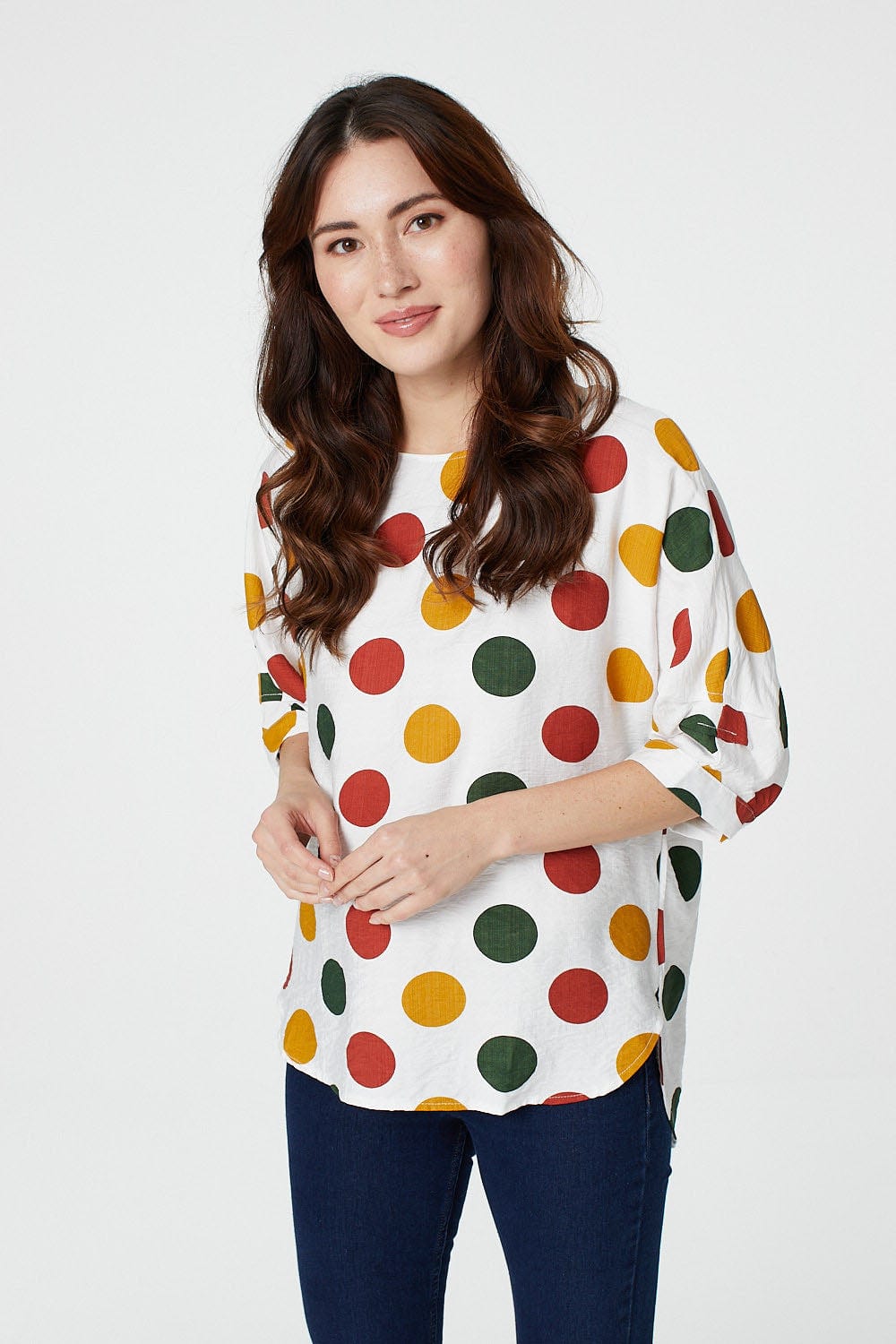 White | Polka Dot 3/4 Batwing Blouse