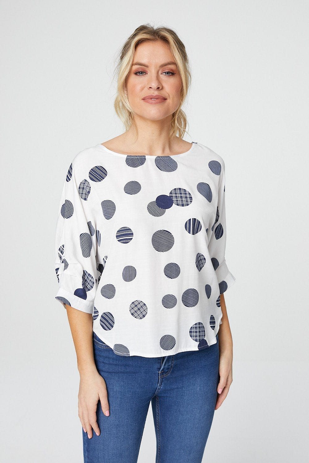 White | Polka Dot 3/4 Batwing Sleeve Blouse