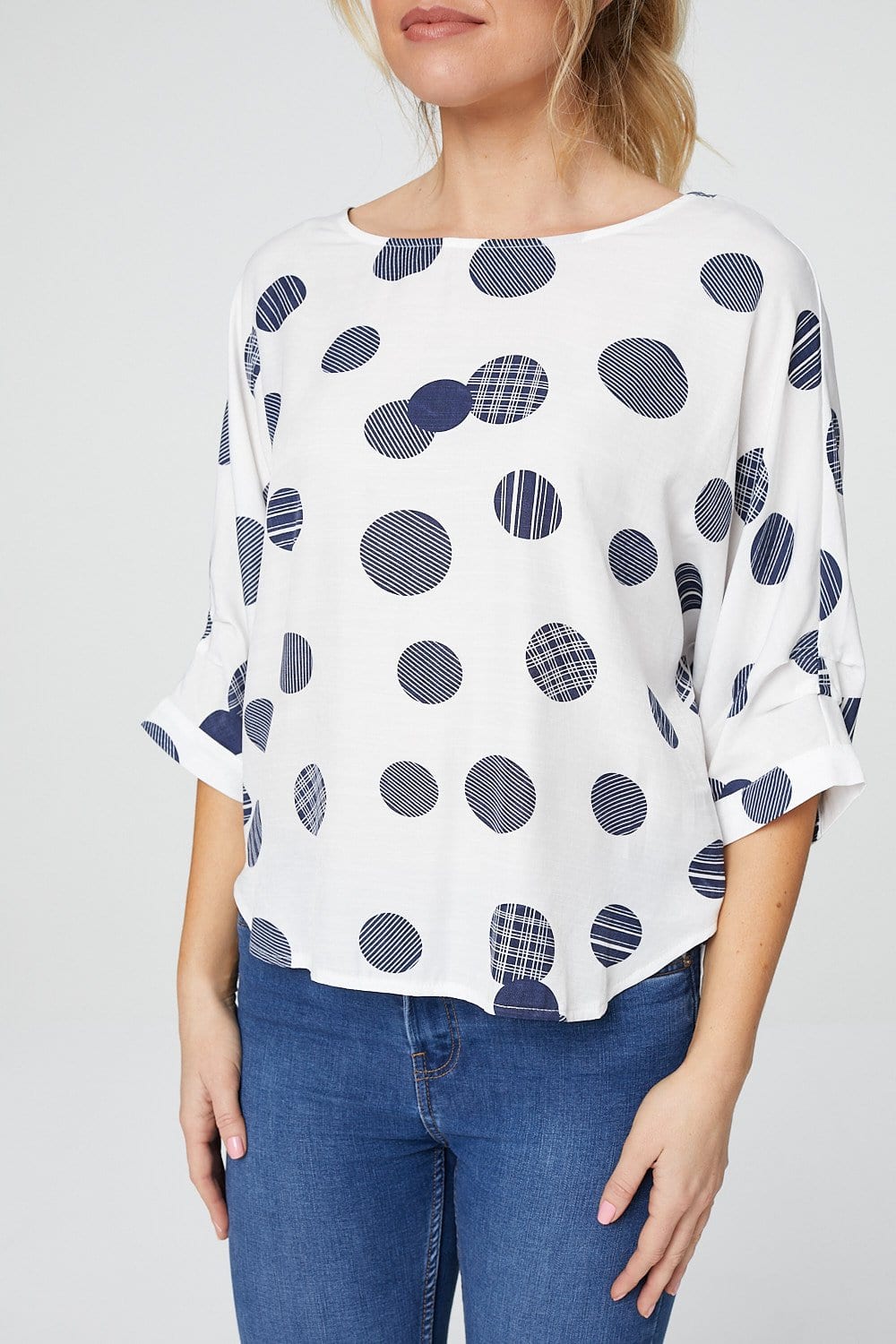 White | Polka Dot 3/4 Batwing Sleeve Blouse