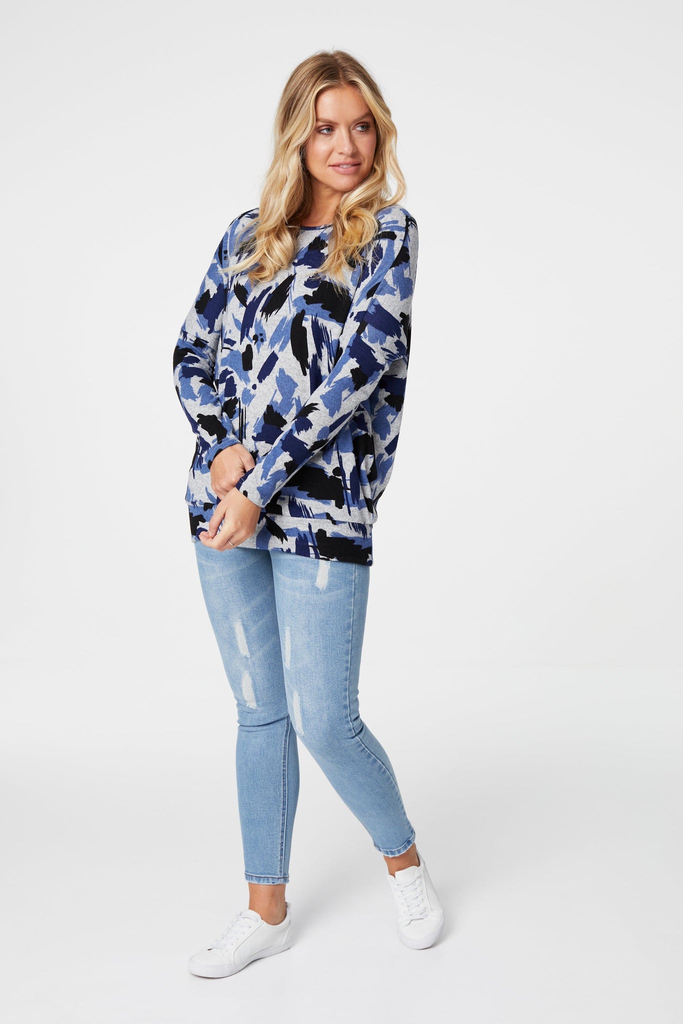 Navy | Abstract Print Slouchy Jumper