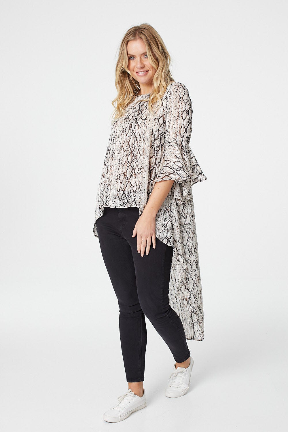 Beige | Snake Print High Low Blouse