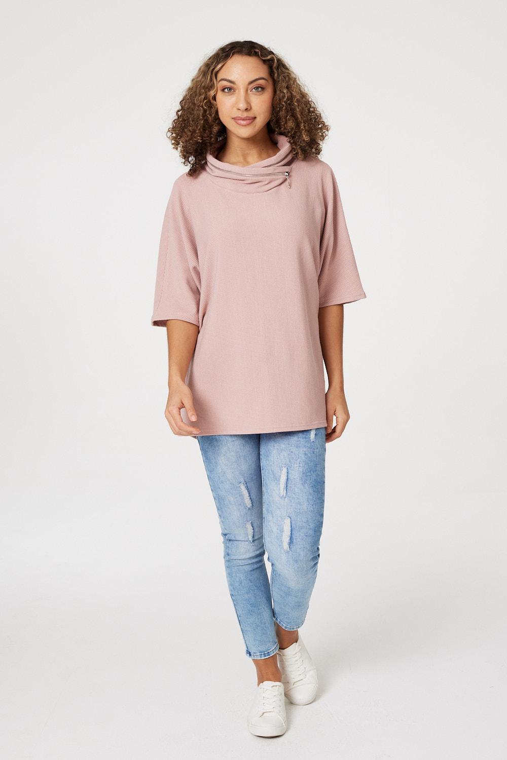 Pink | Zip Embellished Cowl Neck Top