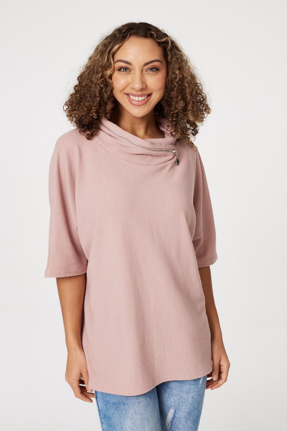 Pink | Zip Embellished Cowl Neck Top