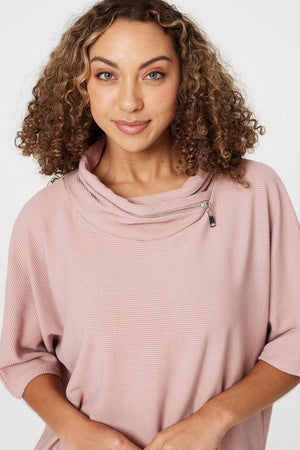 Pink | Zip Embellished Cowl Neck Top