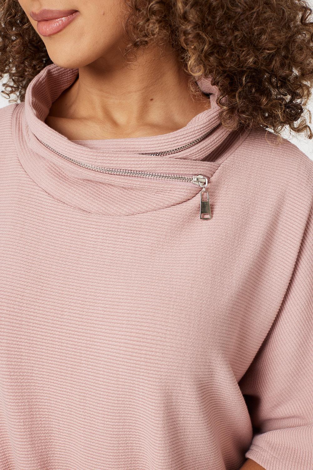 Pink | Zip Embellished Cowl Neck Top