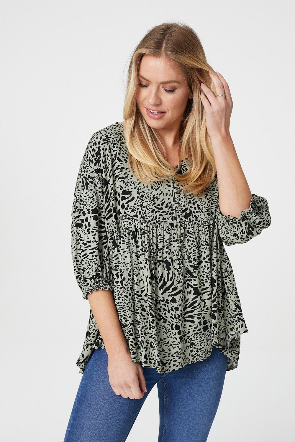 Sage | Animal Print 3/4 Sleeve Blouse