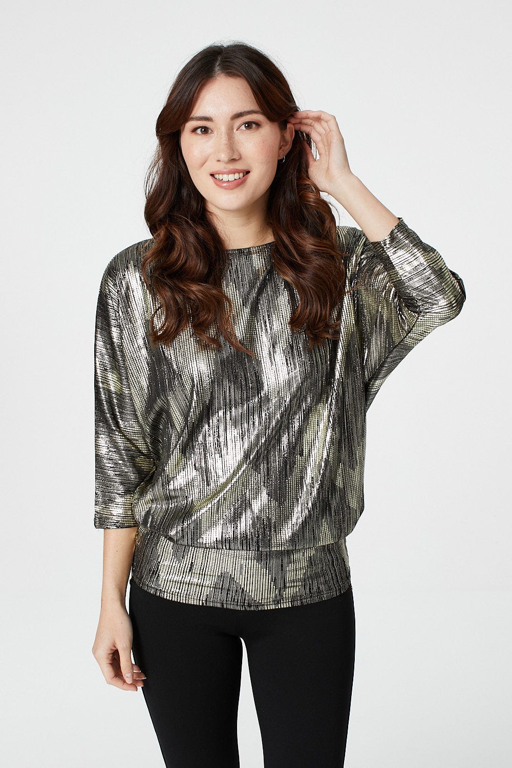 Gold | Metallic 3/4 Sleeve Batwing Top