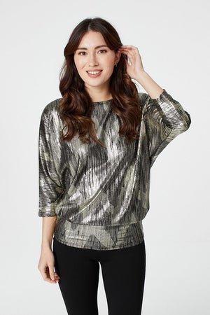 Gold | Metallic 3/4 Sleeve Batwing Top