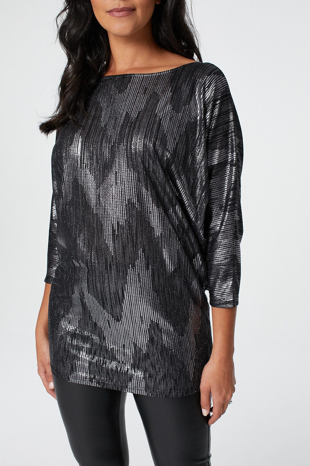 Silver | Metallic 3/4 Sleeve Batwing Top