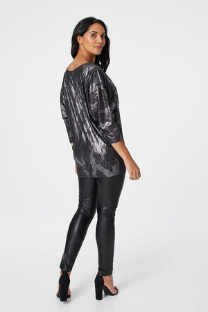 Silver | Metallic 3/4 Sleeve Batwing Top
