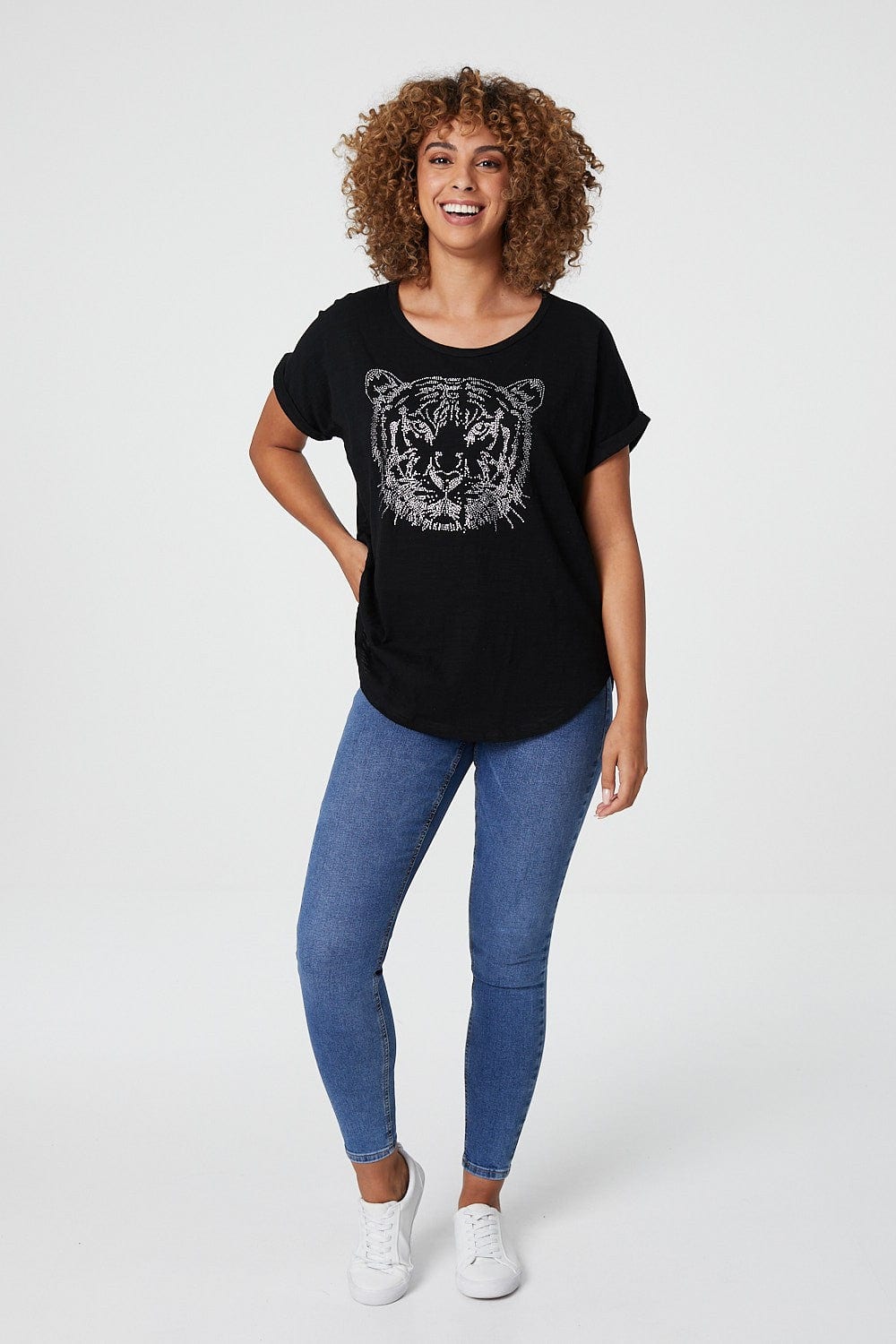 Black | Embellished Tiger Motif T-Shirt