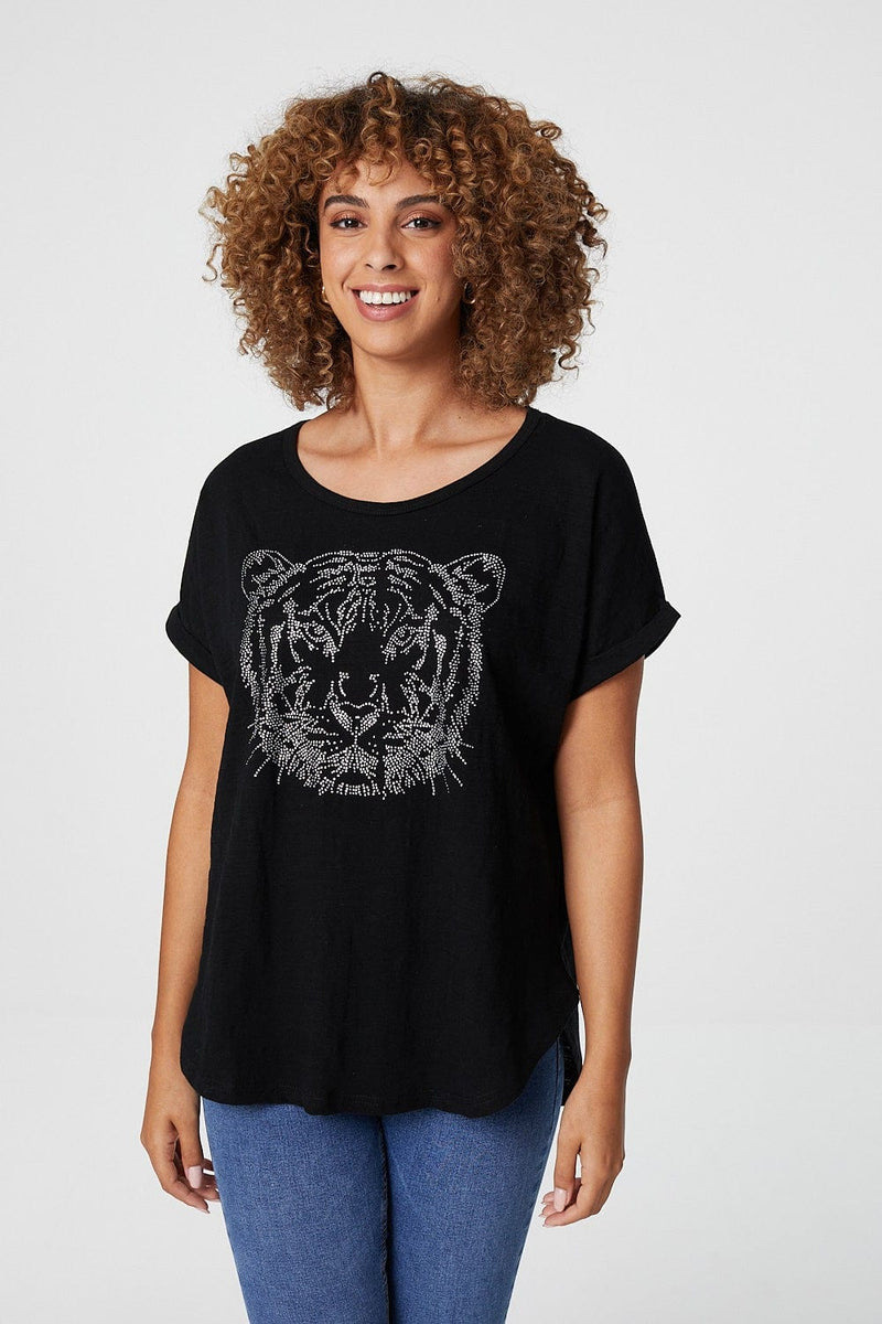 Black | Embellished Tiger Motif T-Shirt