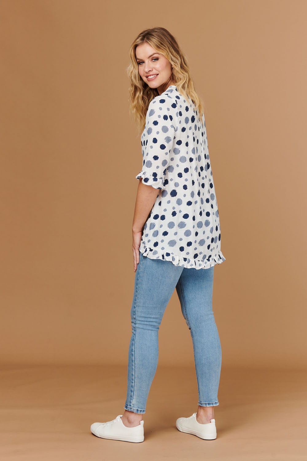 Navy | Polka Dot 3/4 Sleeve Tunic Blouse