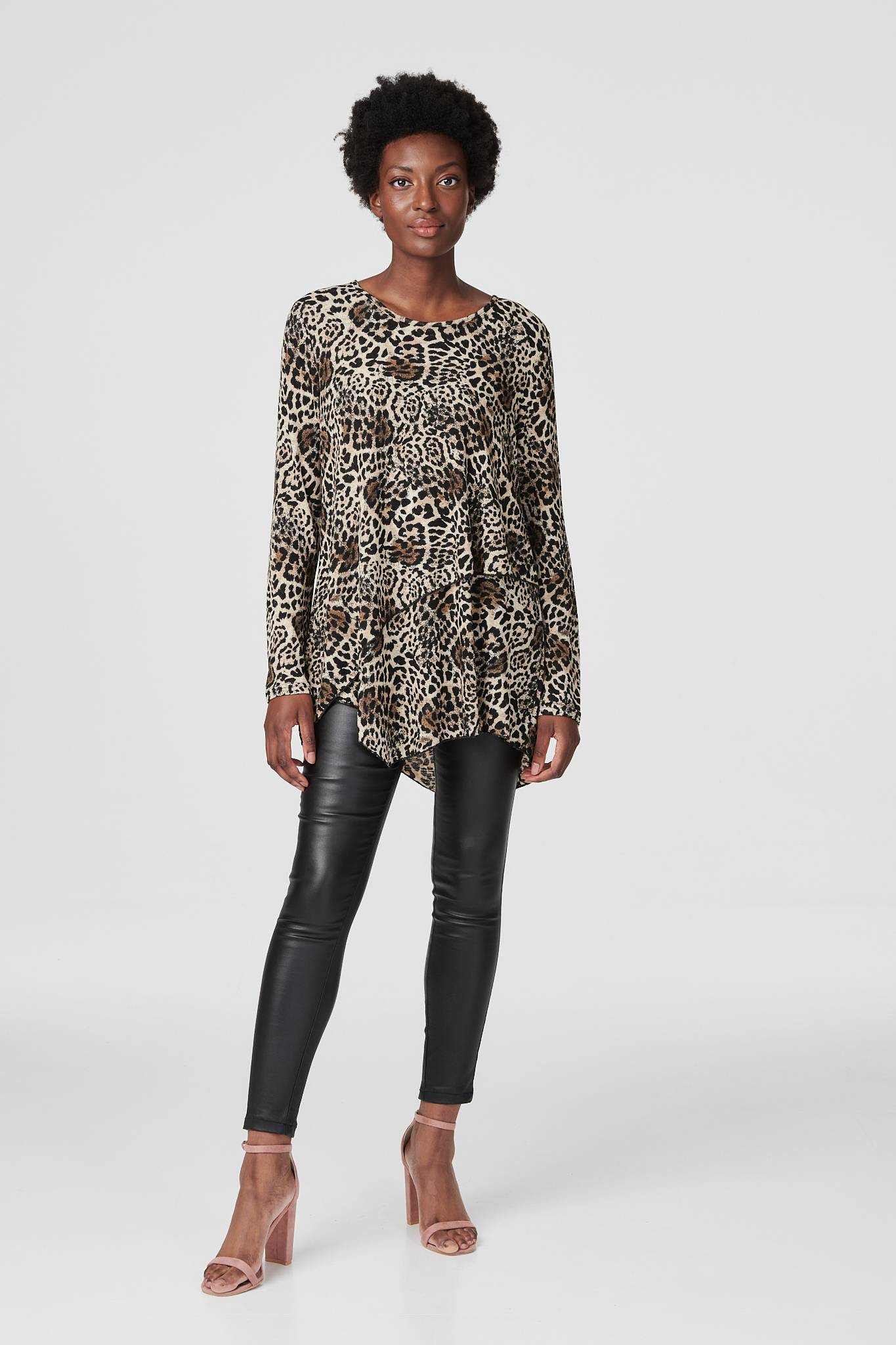 Beige | Leopard Print Long Sleeve T-Shirt