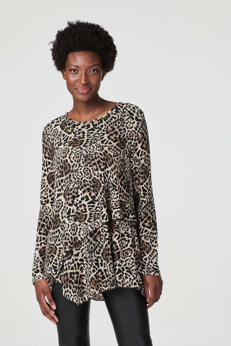 Beige | Leopard Print Long Sleeve T-Shirt