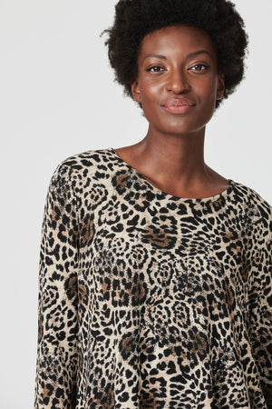Beige | Leopard Print Long Sleeve T-Shirt