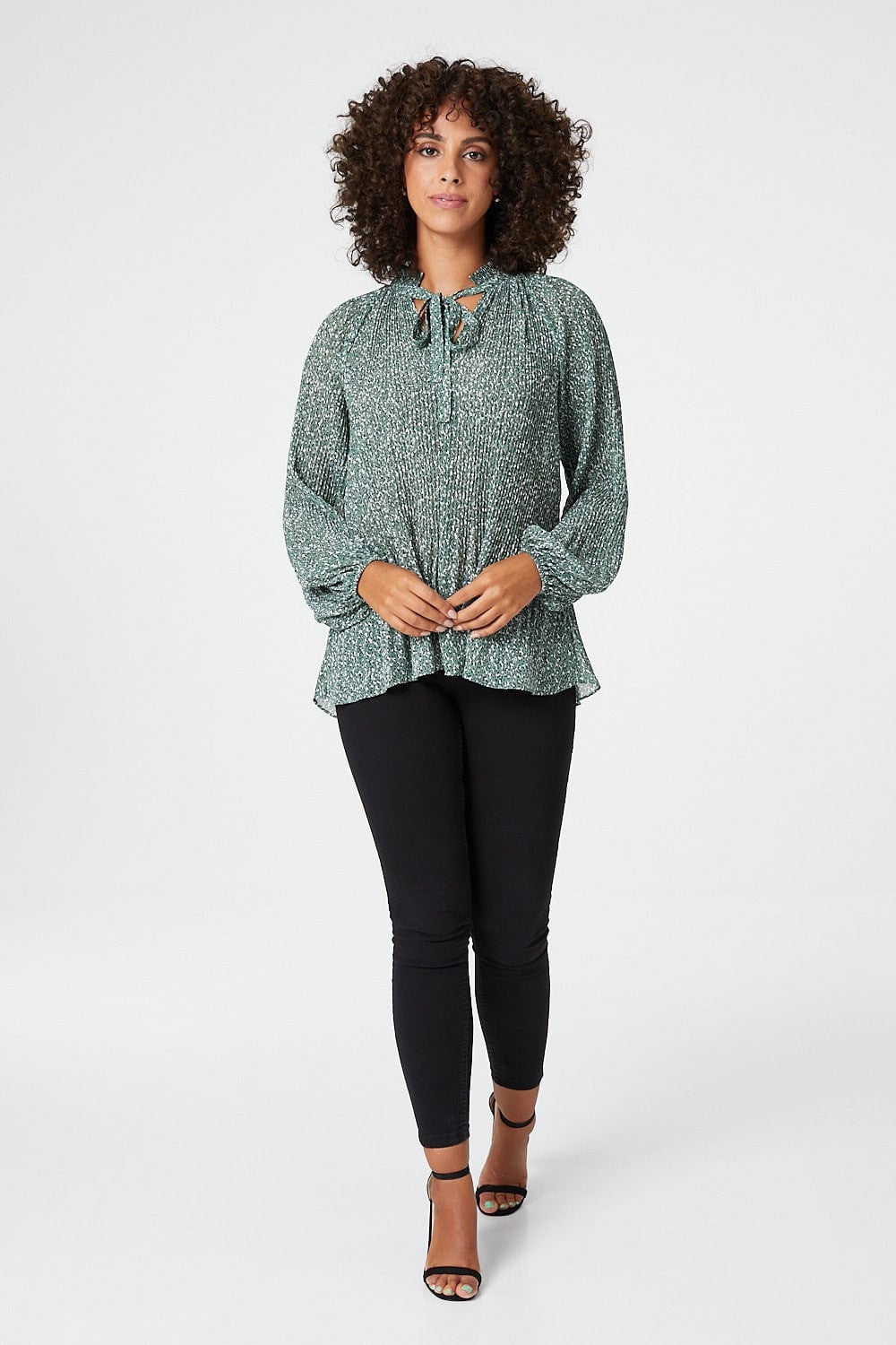 Green | Ditsy Print Tie Neck Pleated Blouse