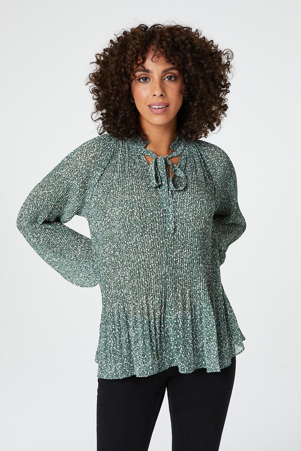 Green | Ditsy Print Tie Neck Pleated Blouse