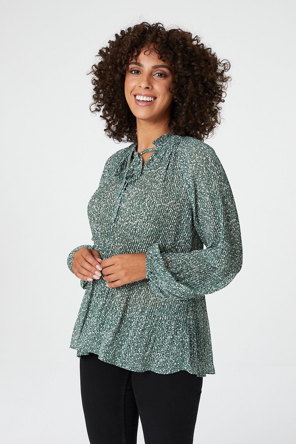 Green | Ditsy Print Tie Neck Pleated Blouse