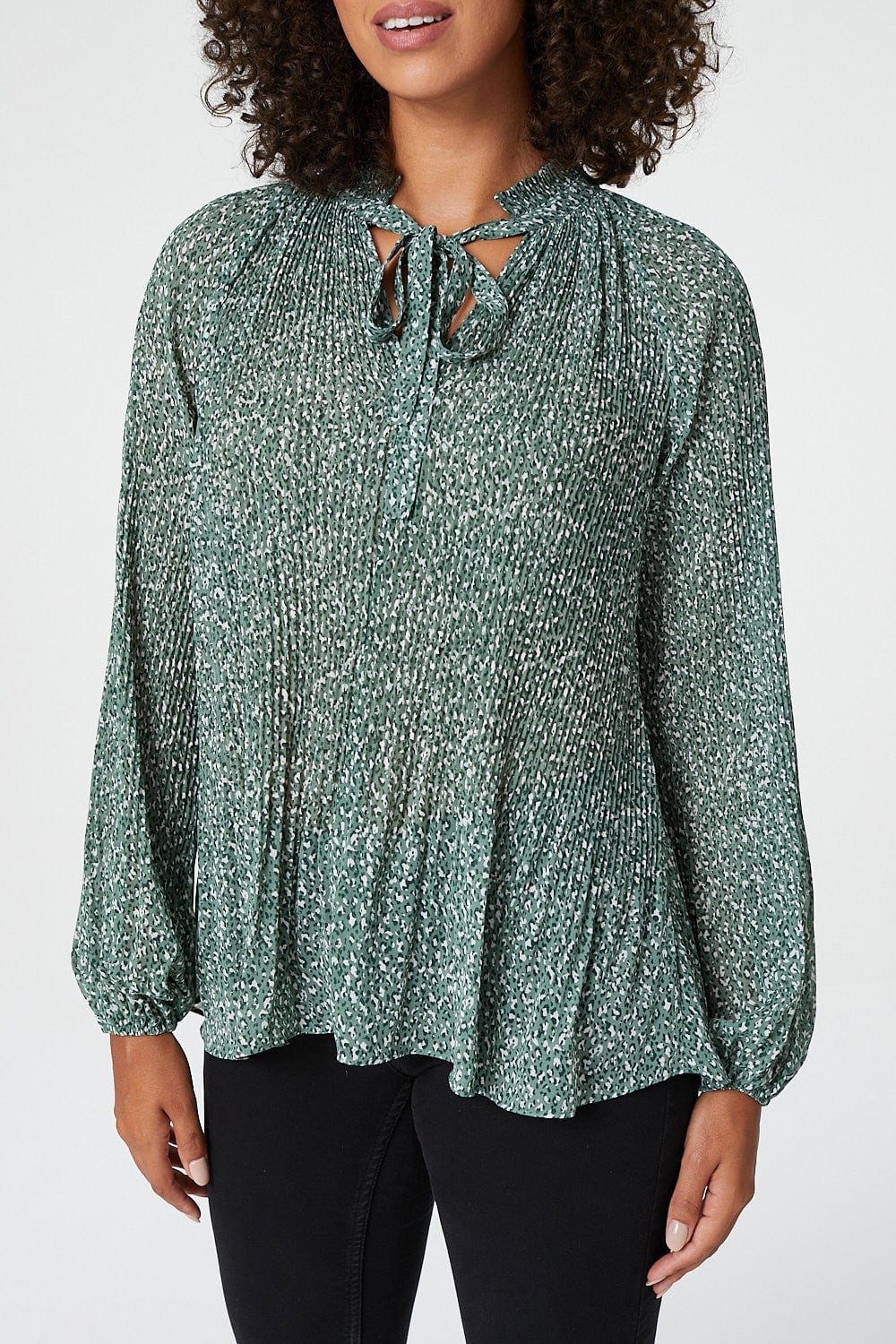 Green | Ditsy Print Tie Neck Pleated Blouse