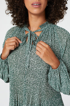 Green | Ditsy Print Tie Neck Pleated Blouse