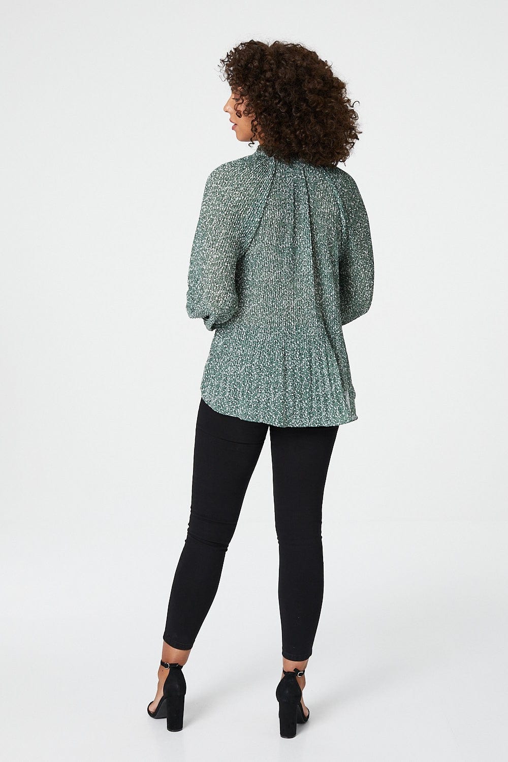 Green | Ditsy Print Tie Neck Pleated Blouse