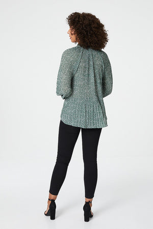 Green | Ditsy Print Tie Neck Pleated Blouse