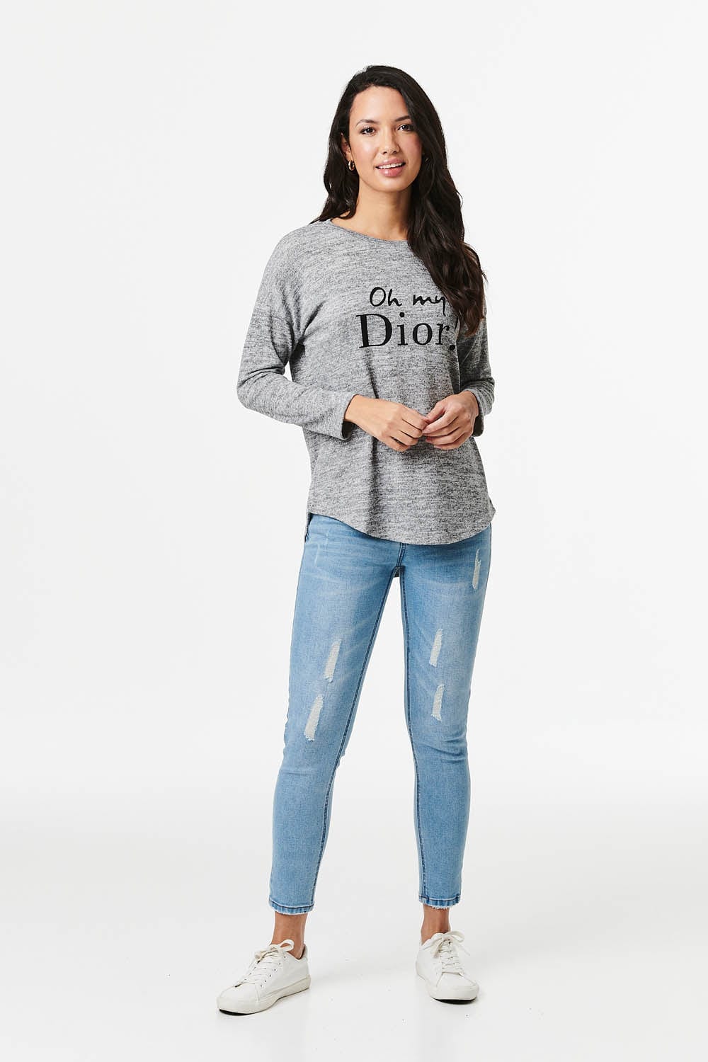 Grey | Slogan Print Long Sleeve Top