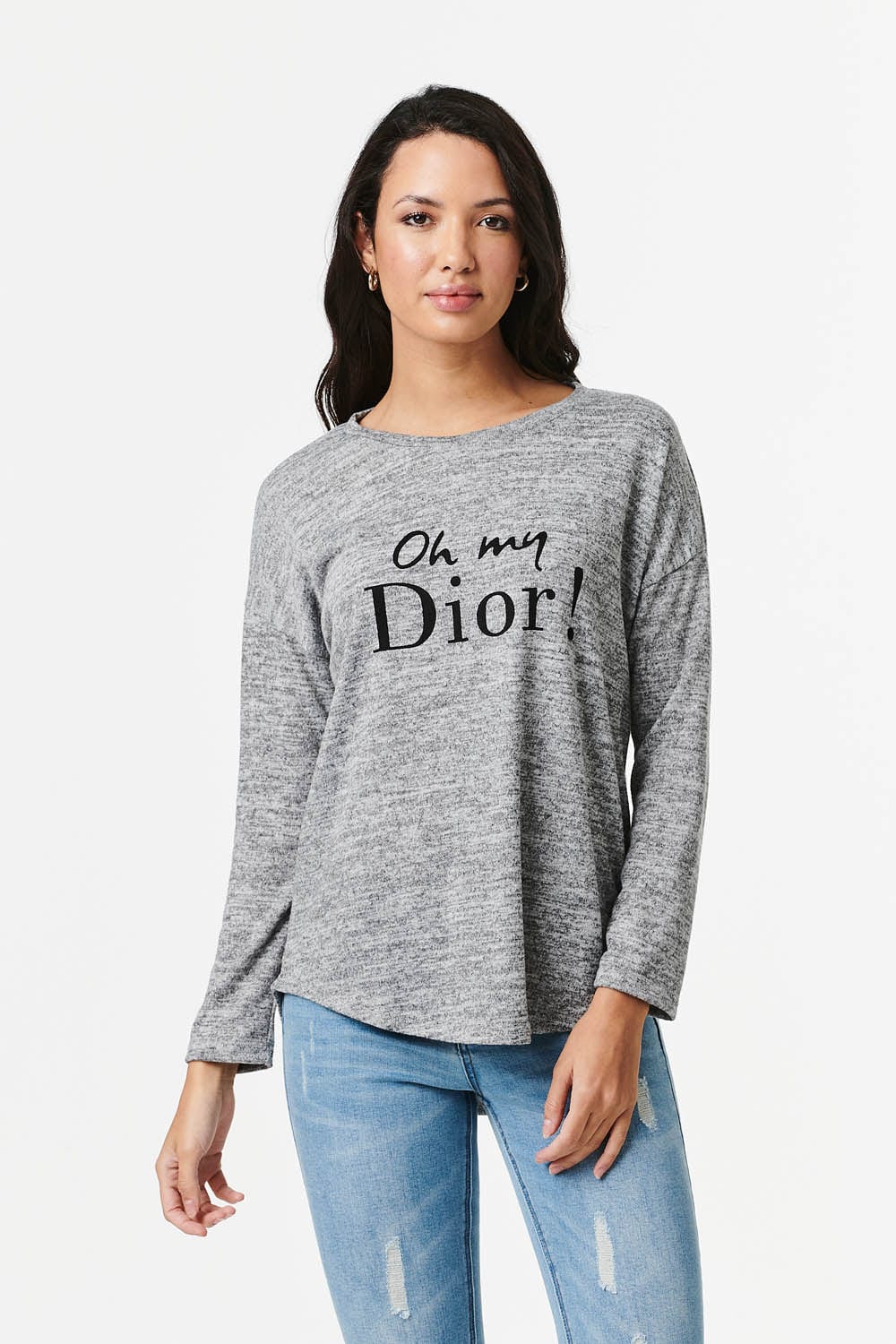 Grey | Slogan Print Long Sleeve Top