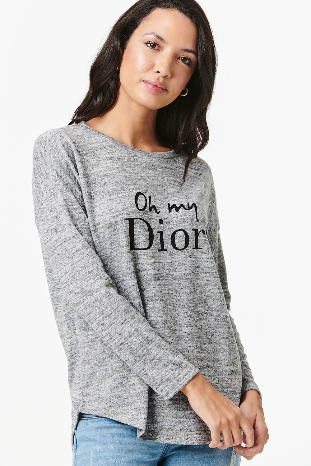 Grey | Slogan Print Long Sleeve Top