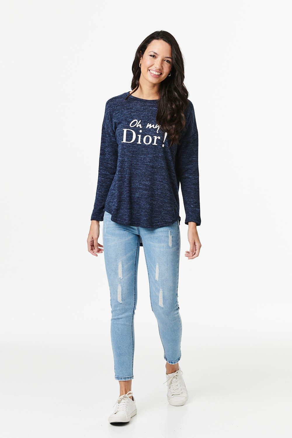 Navy | Slogan Print Long Sleeve Top