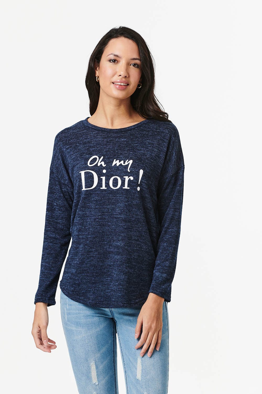 Navy | Slogan Print Long Sleeve Top