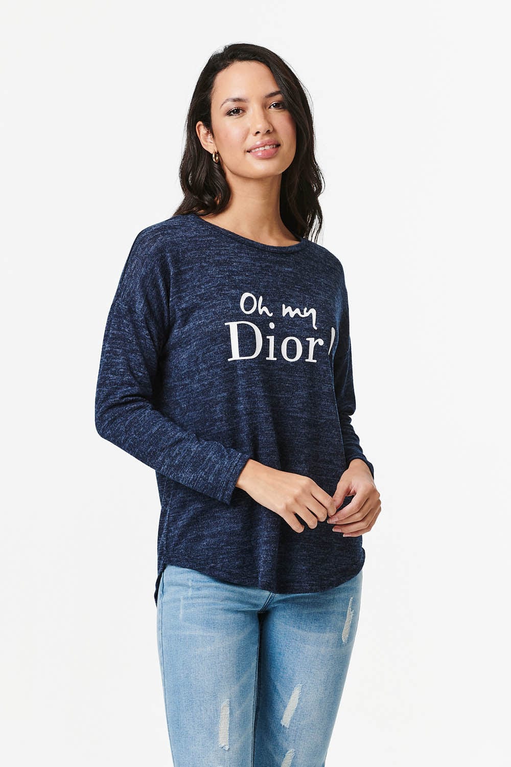 Navy | Slogan Print Long Sleeve Top