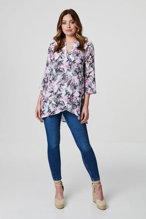 White | Floral Collarless 3/4 Sleeve Blouse