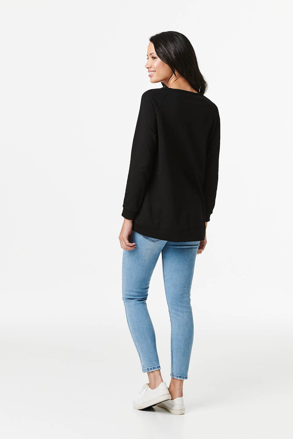 Black | Slogan Print Long Sleeve Pullover
