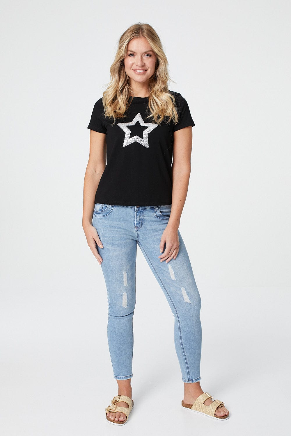 Black | Star Motif Short Sleeve T-Shirt