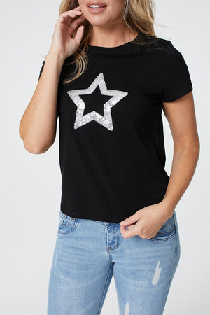 Black | Star Motif Short Sleeve T-Shirt