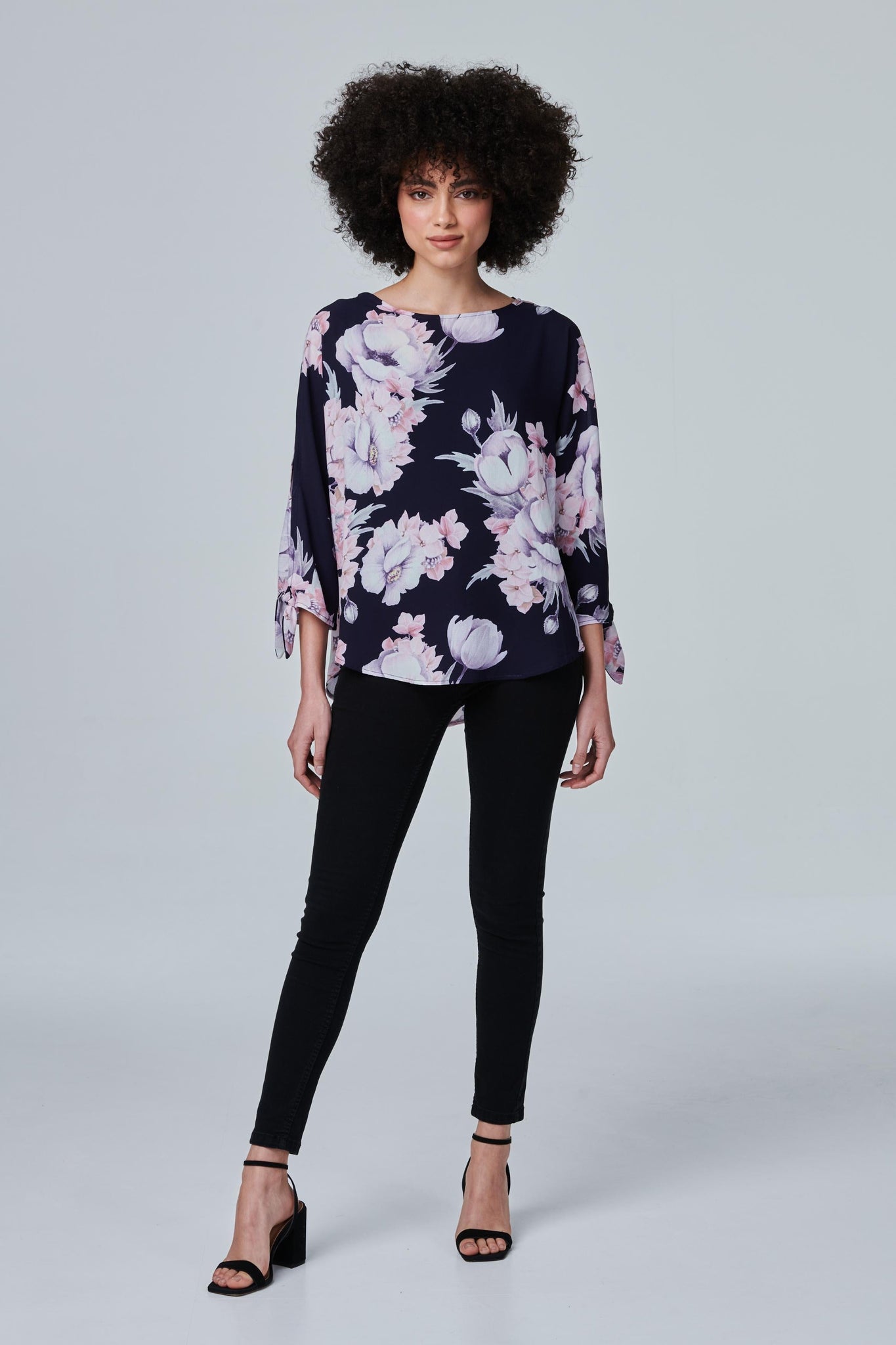 Navy | Floral Tie Sleeve Blouse Top