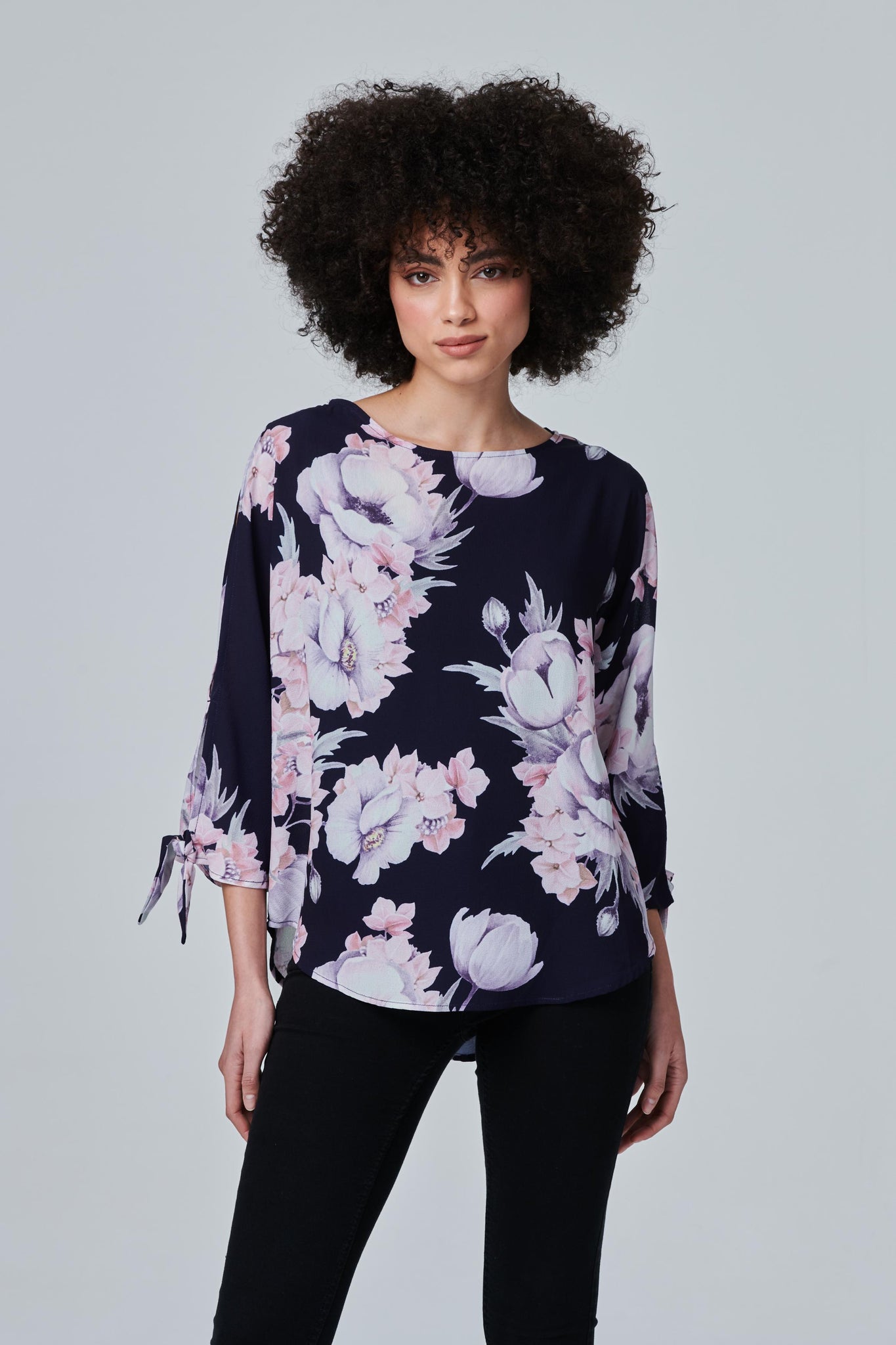 Navy | Floral Tie Sleeve Blouse Top