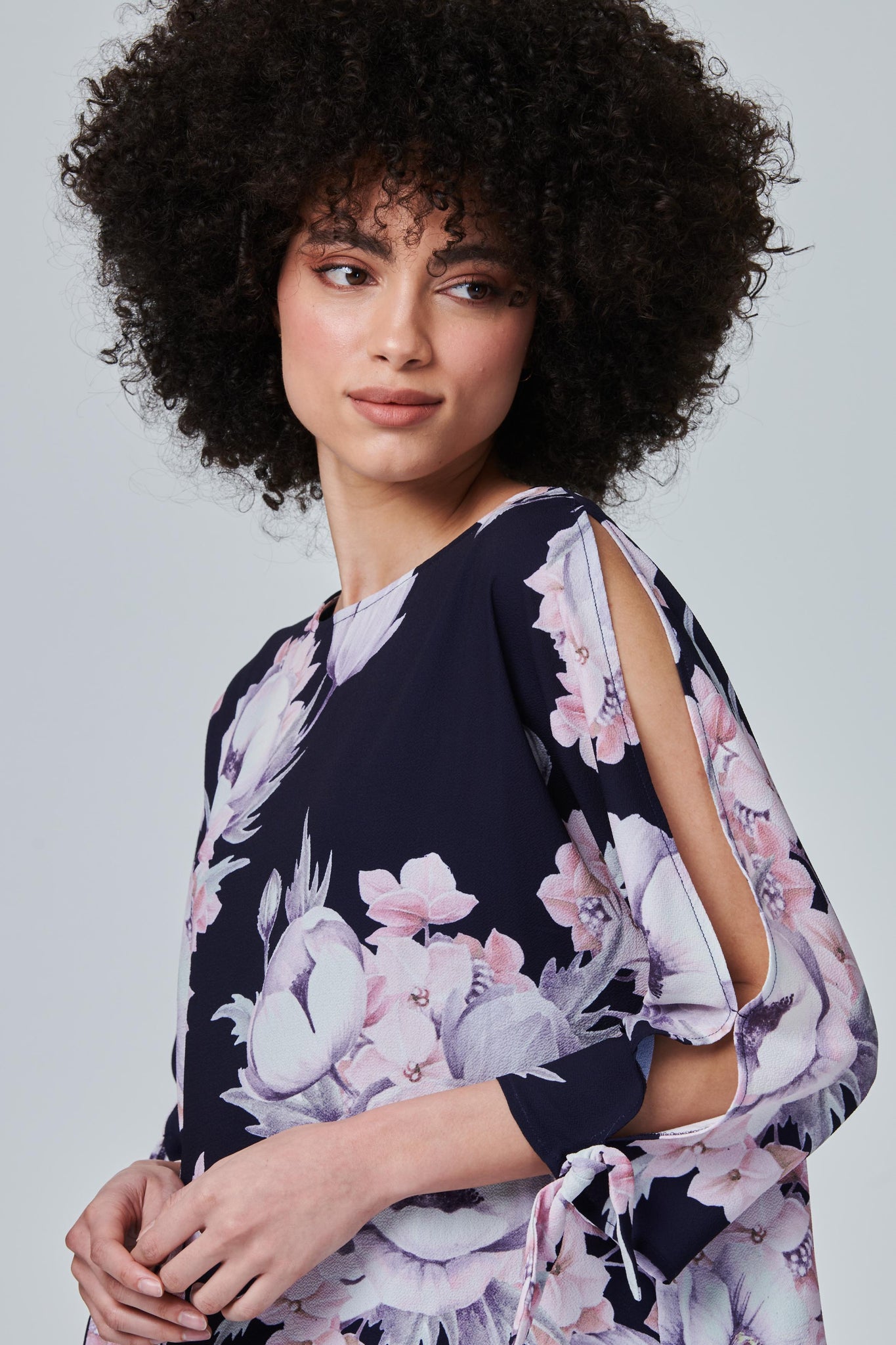 Navy | Floral Tie Sleeve Blouse Top