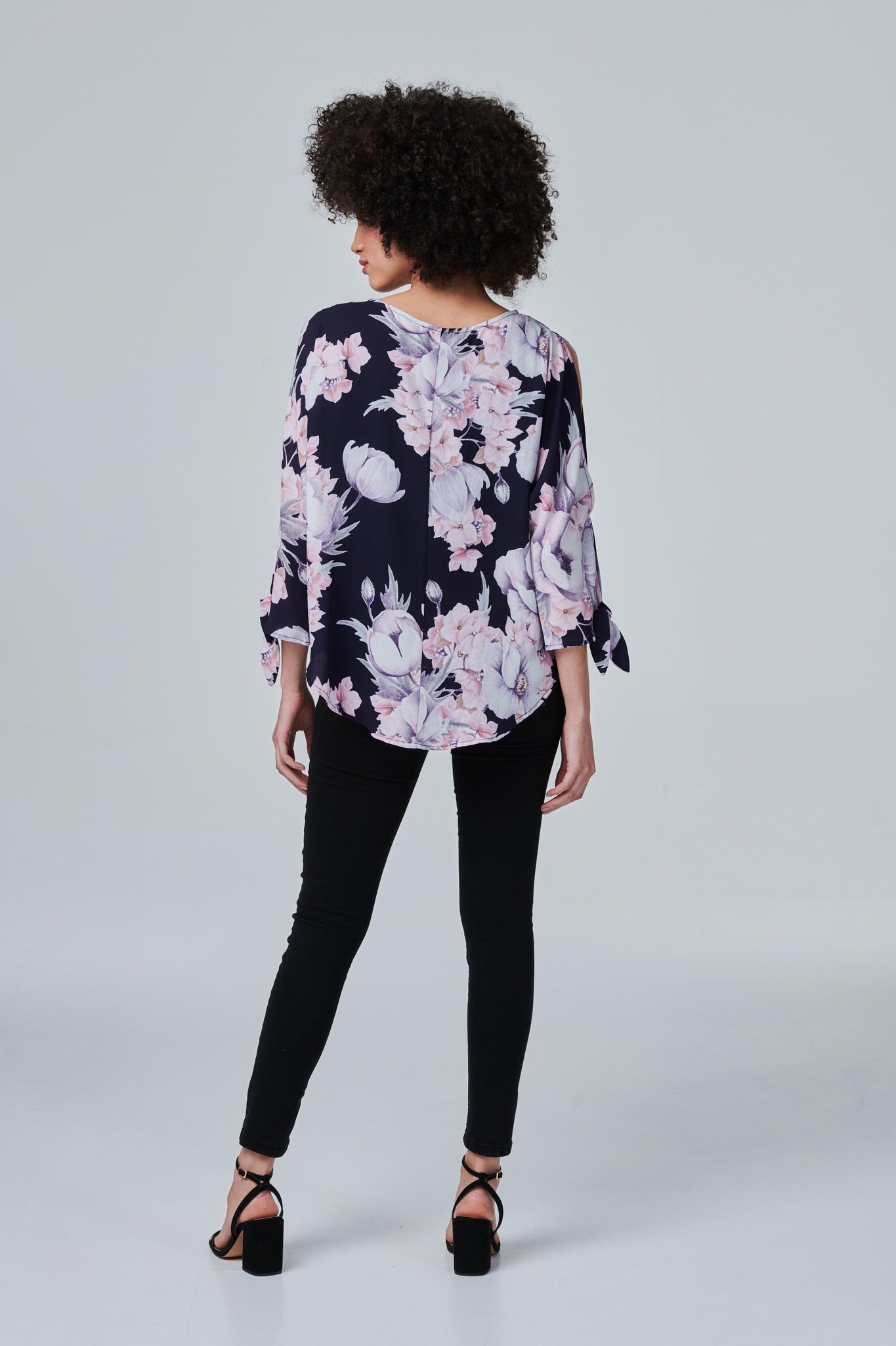 Navy | Floral Tie Sleeve Blouse Top