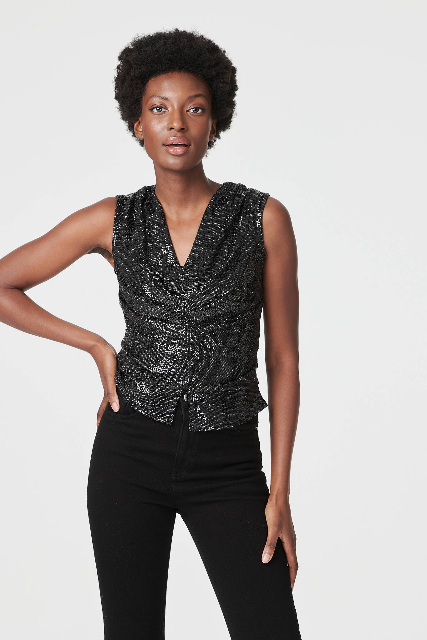 Black | Embellished Cowl Neck Vest Top
